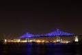 Jacques Cartier Bridge Illumination in Montreal, reflection in water. MontrealÃ¢â¬â¢s 375th anniversary.